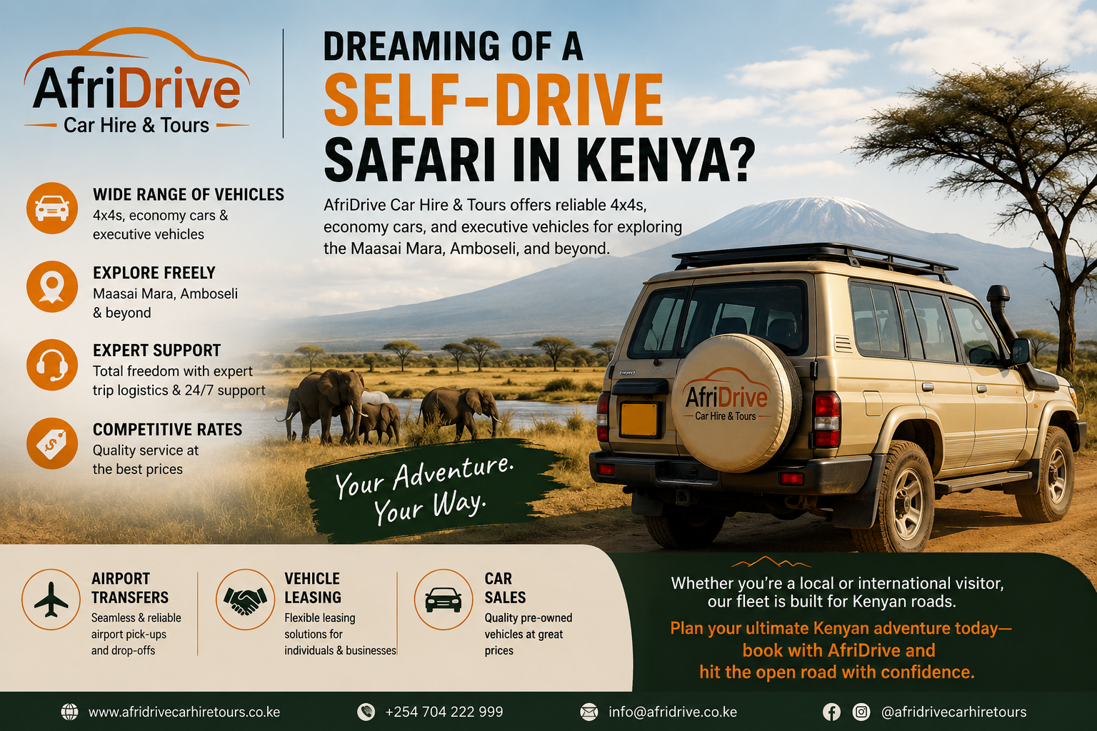 Plan your ultimate self-drive safari in Kenya with AfriDrive. Explore Maasai Mara, Amboseli with reliable 4x4s, economy cars, and expert support. Book your adventure now